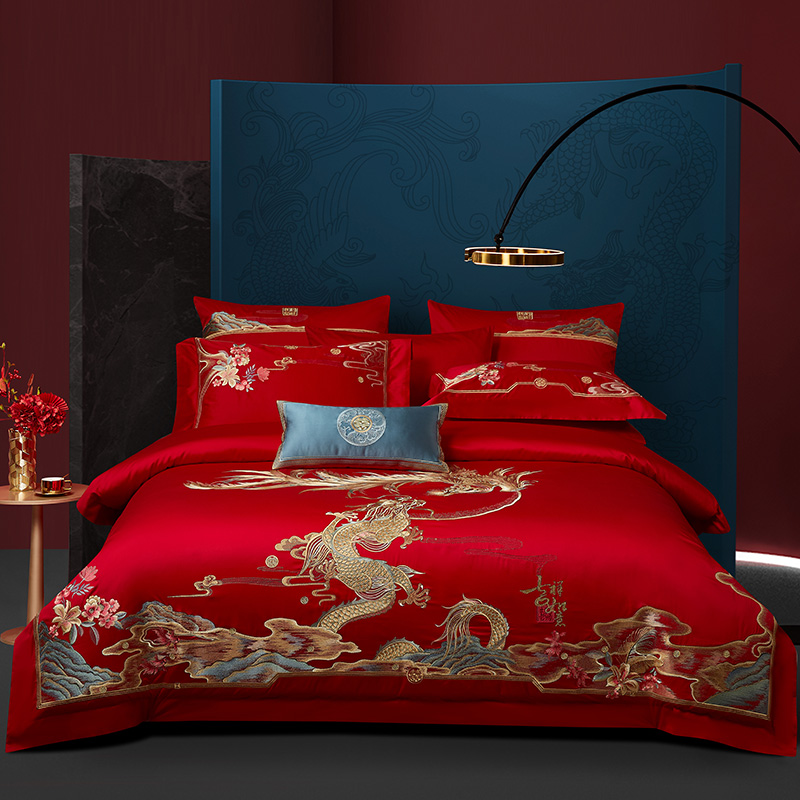 120支婚庆刺绣喜被套件家纺床品大红结婚床品六件套八件套婚礼