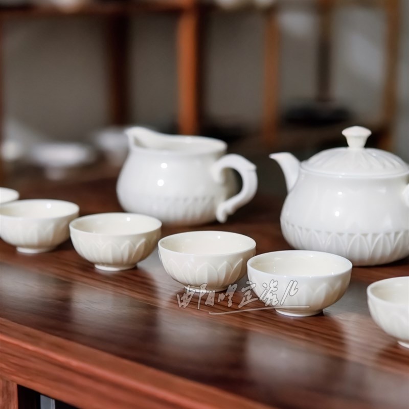 定瓷整套茶具定窑高温白瓷莲瓣纹礼盒套装现代简约送礼曲阳原产地