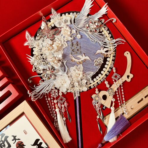 团扇新娘结婚秀禾喜扇成品婚扇出嫁扇子diy材料包中式高级感双面