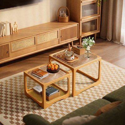 实木高级感玻璃小茶几小户型客厅家用组合式茶桌原木风藤编小茶台