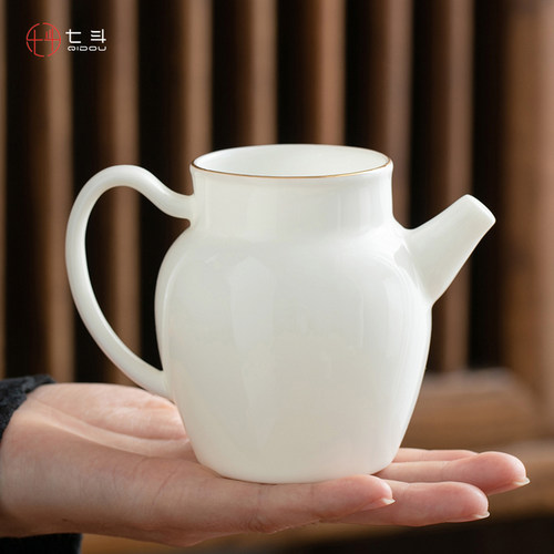 羊脂玉白瓷公道杯陶瓷木柄侧把茶海分茶器功夫茶具配件匀杯分茶器