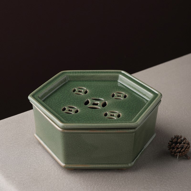 潮州窑仿古绿纹片釉茶盘小号储水式六边形壶承小茶船潮汕工夫茶具