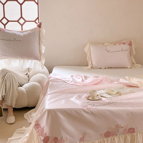 夏季可爱公主风冰丝凉席三件套可水洗少女心玫瑰花床裙款空调软席