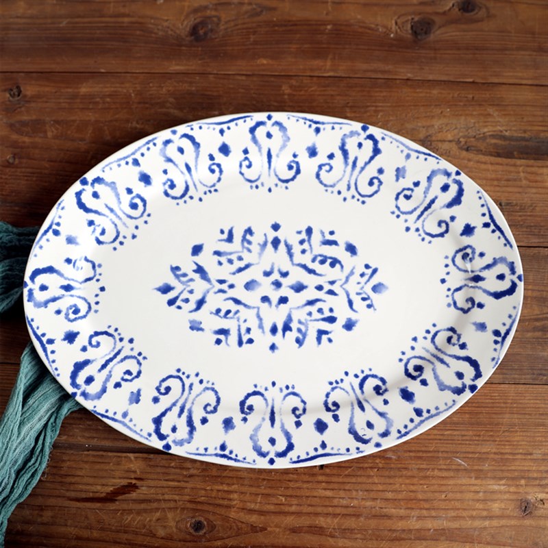 蓝色线条陶瓷椭圆盘子 41厘米大号鱼盘 家用餐具菜盘装饰挂盘