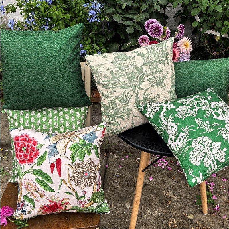 中式花鸟几何绿色图案双面棉麻抱枕沙发靠垫床头大靠背腰枕套定制