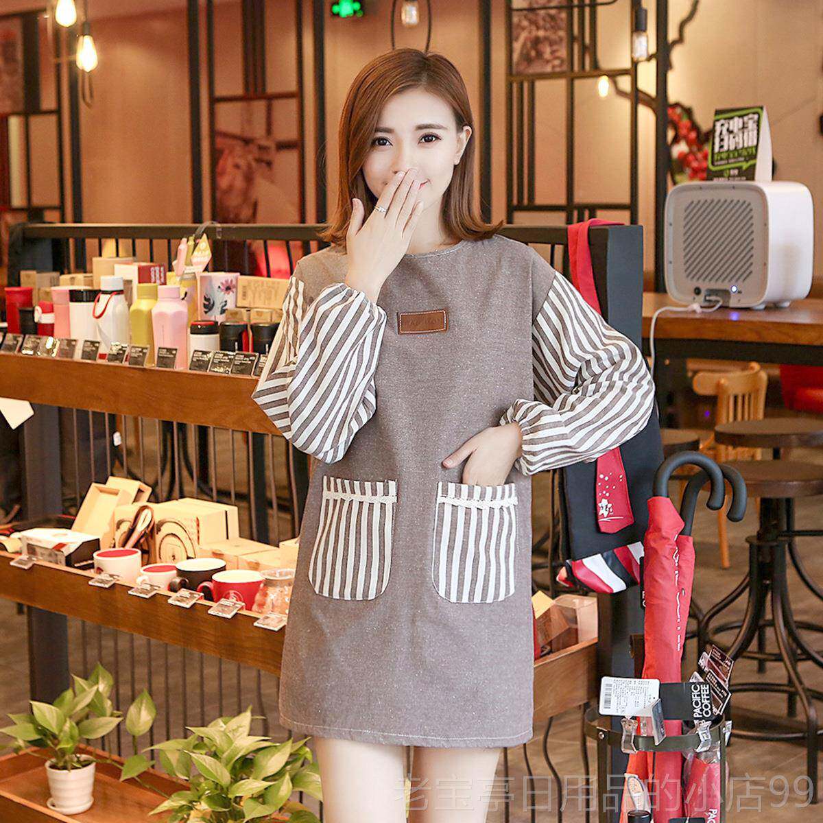 正品纯棉围裙长罩袖厨房韩版时尚水防防油可爱衣成人男工女定制作