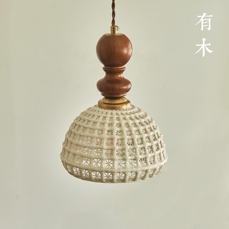 有木中古风吊灯实木陶瓷复古床头灯餐厅餐桌小吊灯