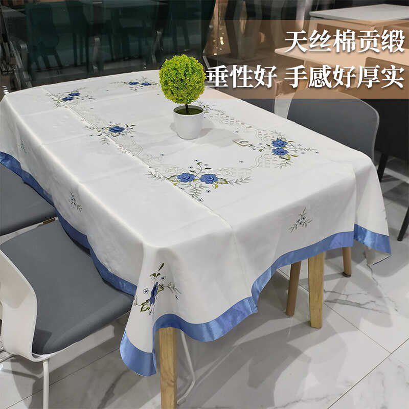 原单出口镂空绣花餐桌布大型长方白色大餐桌布吉祥兔蓝色盘花茶几
