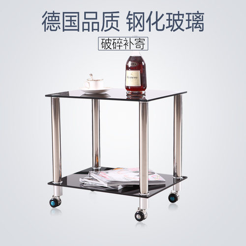 沙发边几小户型家用钢化玻璃方形桌子茶几可移动带滚轮转角小圆桌