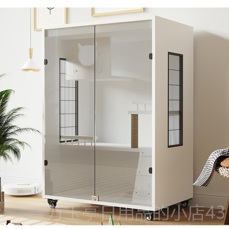 高档实防水木钢化玻璃别墅笼子猫实用猫窝床带猫爬架玻璃猫门笼猫