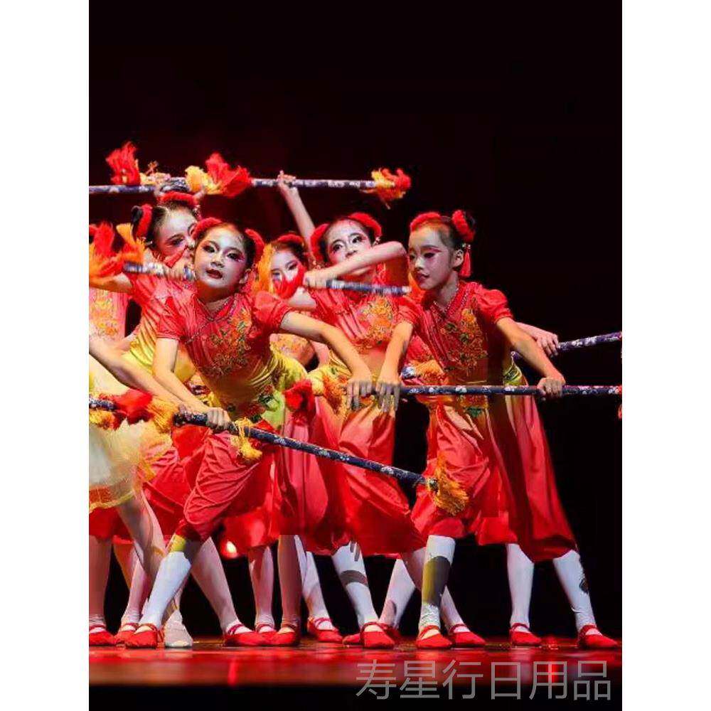 正品小荷风风打花棍演出服儿童喜庆开歌门红秧服民族打鼓采服舞蹈