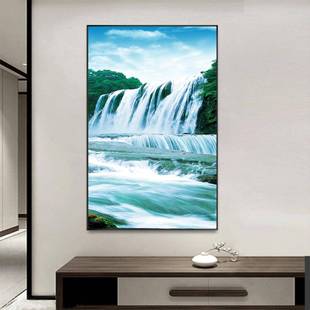 流水生财布YTH果树瀑聚宝黄盆风景画客厅走廊过道玄关装 饰晶框瓷