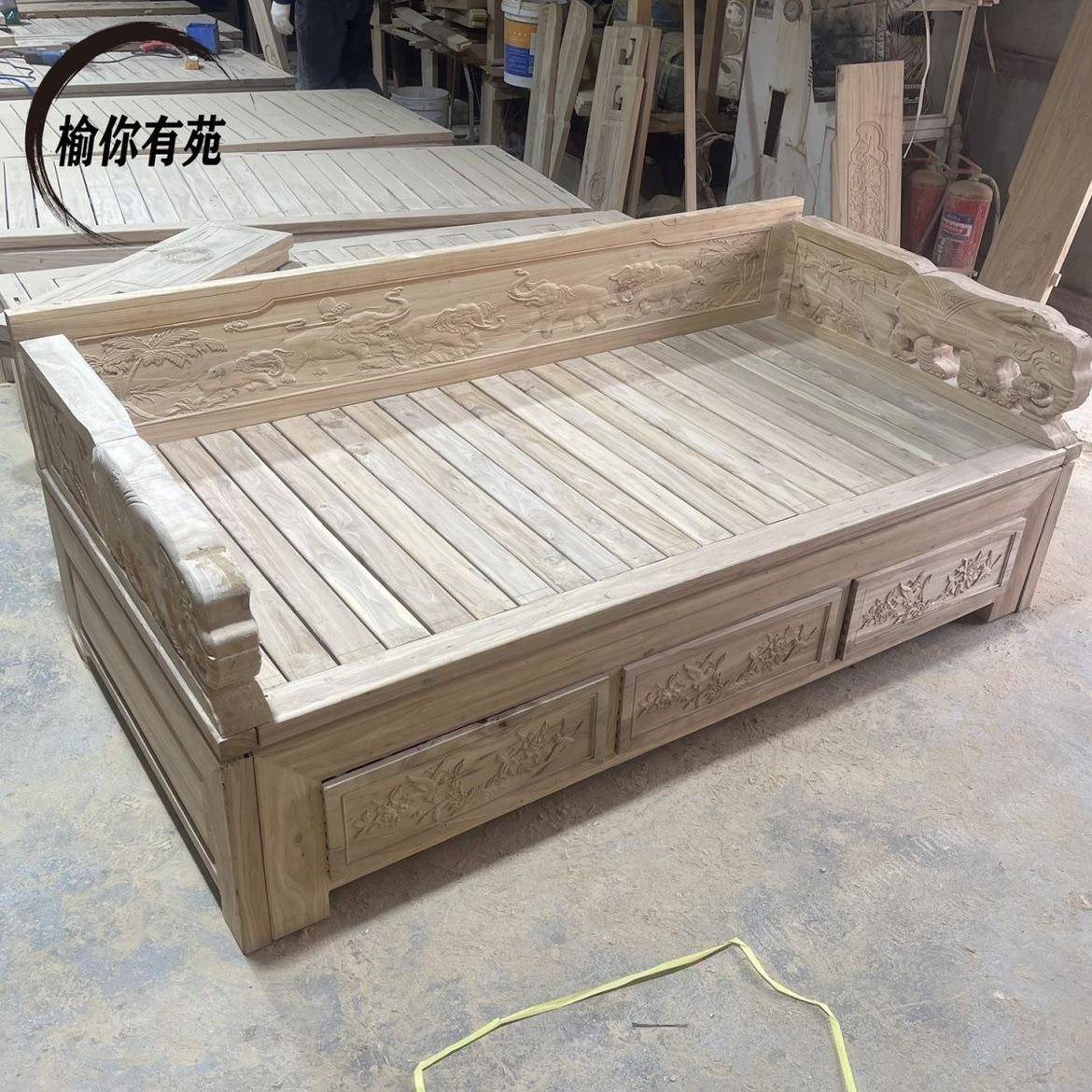 北方老榆发木推拉罗汉床全榆木白床储物床伸缩沙老榆木推坯床