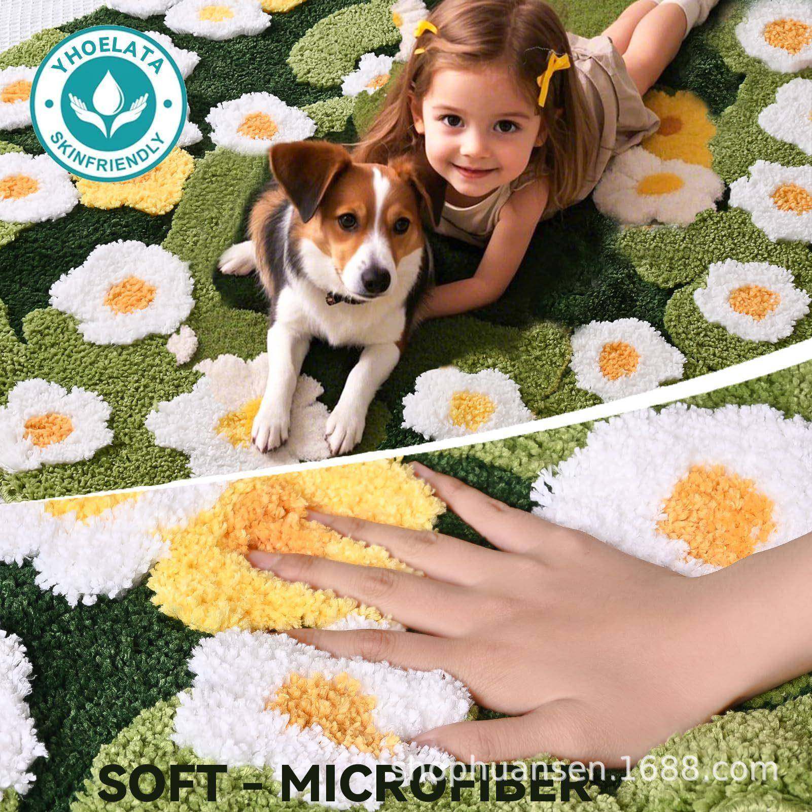 3案尺花卉图水晶绒色森林叶英片绿风格效果植物花卉浴室地毯