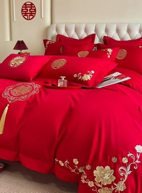 结婚喜套庆四件套红刺色婚婚礼嫁F78S9T8H绣被纯棉床单新婚庆床上