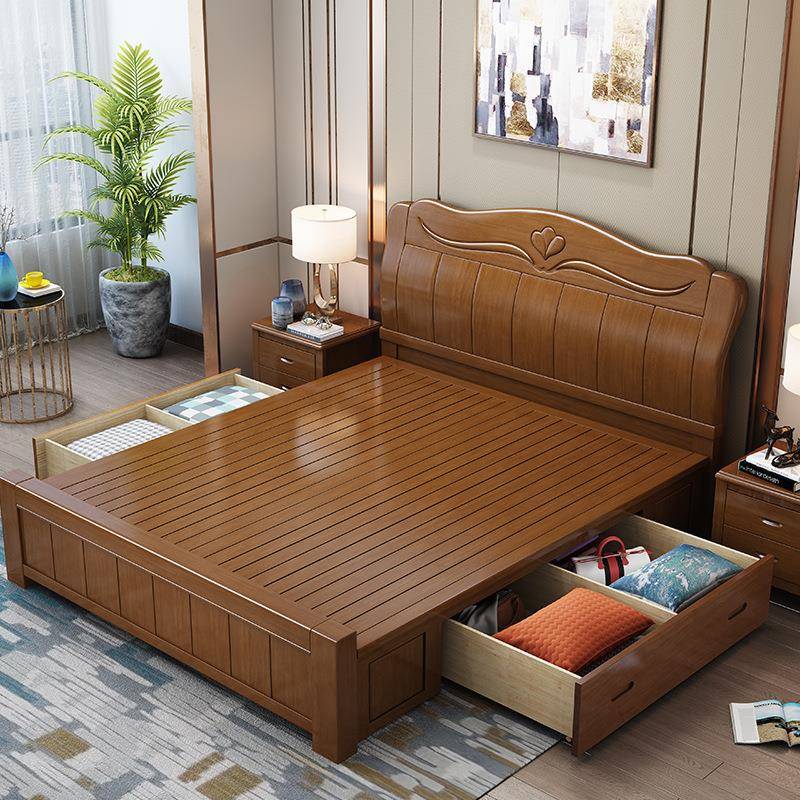 木实木三叶草人1.8米双人床床老现代中式高箱带抽屉储物床1.5米橡