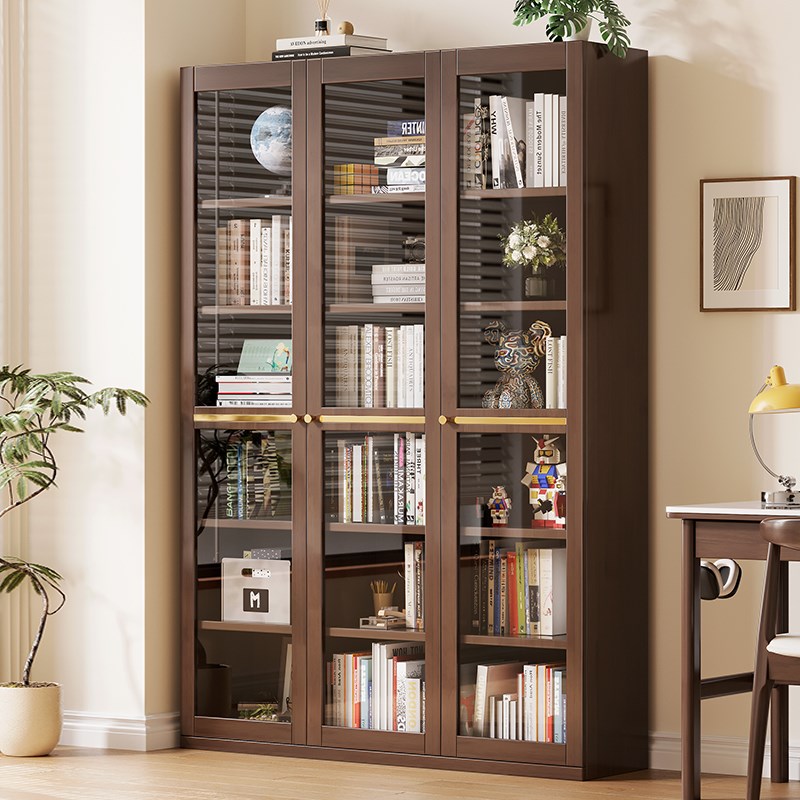 全实木书柜带门落地书架防尘书橱书房柜子现代简约家用展示柜