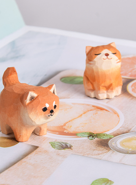 木雕治愈系柴犬小摆件秋田犬公仔可爱办公室女猫咪小动物桌面摆件