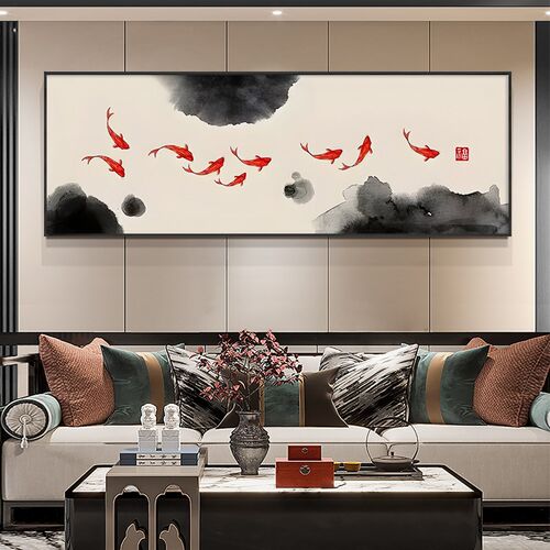 九鱼图水墨装饰画客厅沙发横幅挂画玄关寓意好竖版长条壁画带框画