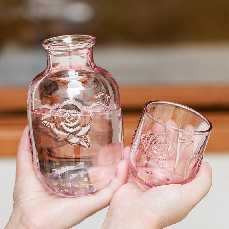 玻璃冷饮杯子冷泡瓶一人饮果汁杯壶牛奶杯凉水杯浮雕花纹茶壶酒杯