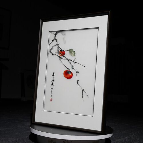 现代中式装饰画柿子刺绣纯手工苏绣艺术装饰挂画