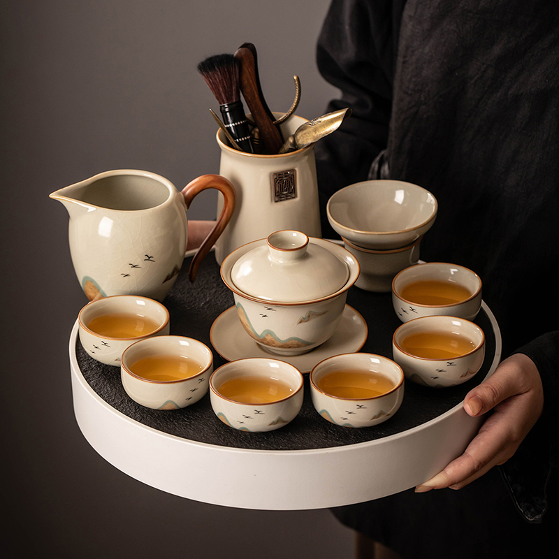 2024新款汝窑功夫茶具套装家用陶瓷盖碗茶杯泡茶办公会客茶盘小套