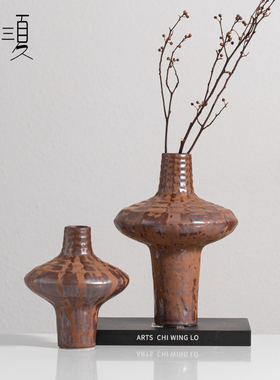 侘寂风复古做旧铁锈陶瓷花瓶中式焦糖色民宿陈列装饰品摆件样板间