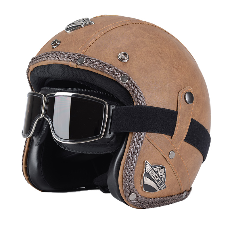 复古摩托车头盔男女冬季哈雷半盔机车皮盔灰四季踏板电动车安全帽