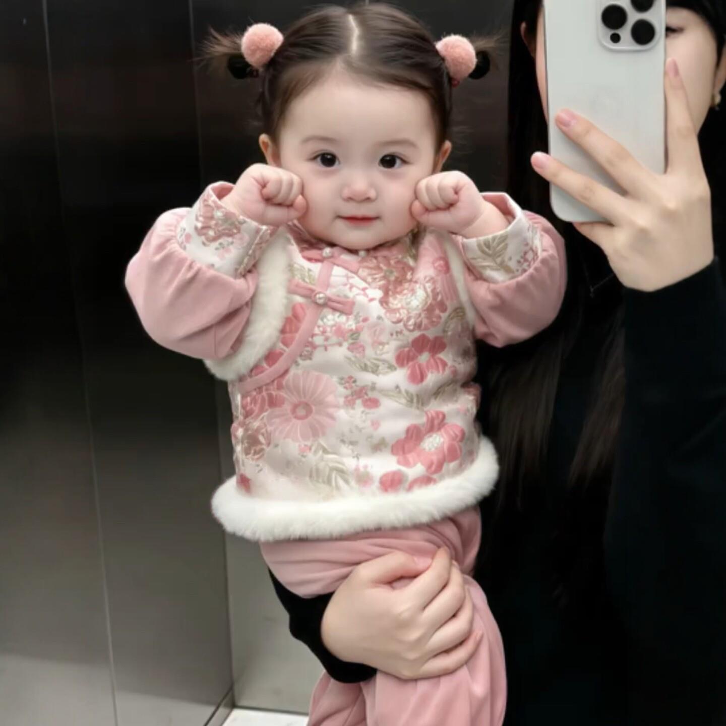 过年女童拜年服2025新款中国风唐装冬季加绒加厚宝宝洋气汉服套装