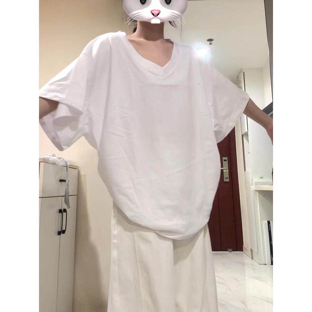 白色短袖t恤女式修身上衣轻薄透气宽松半袖夏季v领韩式慵懒感2025