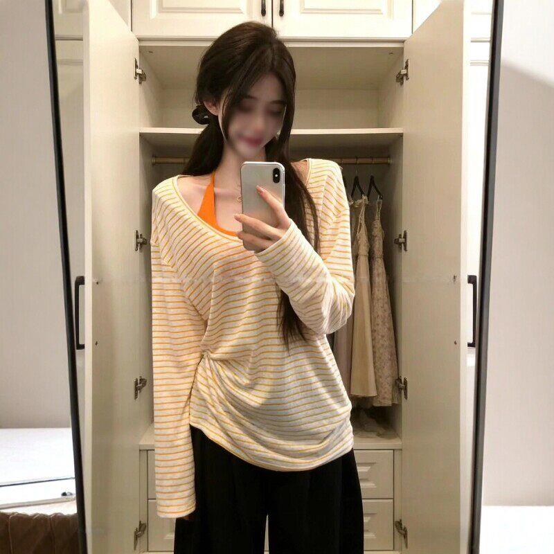 条纹罩衫薄纱上衣女挂脖吊带背心两件套早春上衣小外搭辣妹打底衫