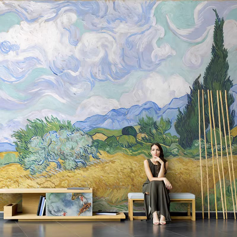 手绘油画背景墙电视壁纸梵高麦田里的柏树定制壁画客厅墙布