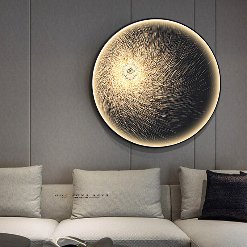 中式新款金属圆框装饰画入门玄关茶室挂画餐厅LED 灯条画尺寸定制