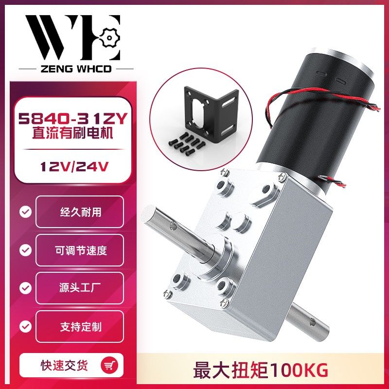 5840-31ZY双长轴蜗轮蜗杆微型马达大扭力直角调速正反转减速电机