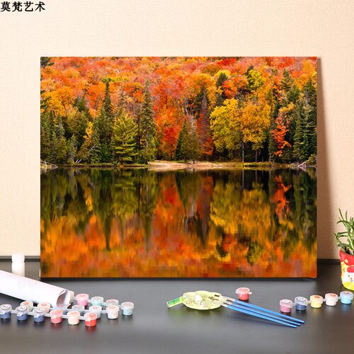 数字油画diy填充手工多彩的秋天森林风景画填色彩绘涂色油彩画画
