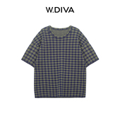 W.Diva 51Z201481 格子针织衫 彩格衫 100扬子羊毛通勤圆领短袖