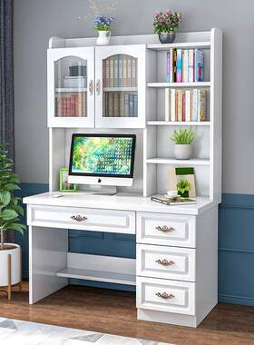 实书桌书架电JQQ一体桌脑写字台带书柜合木家用组儿童学生白色学