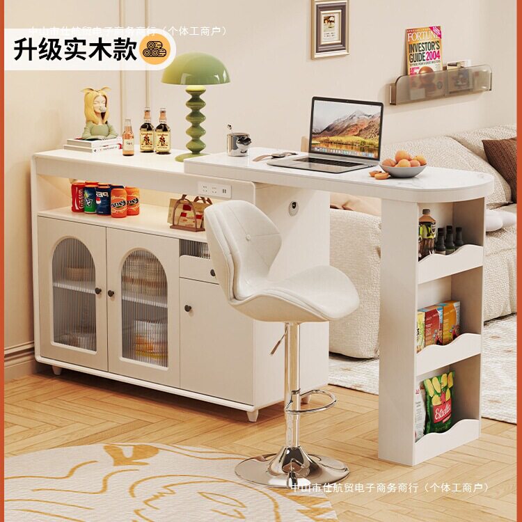法式全实木吧台桌家用可伸缩储物柜水吧台一体柜小户型餐边柜新款