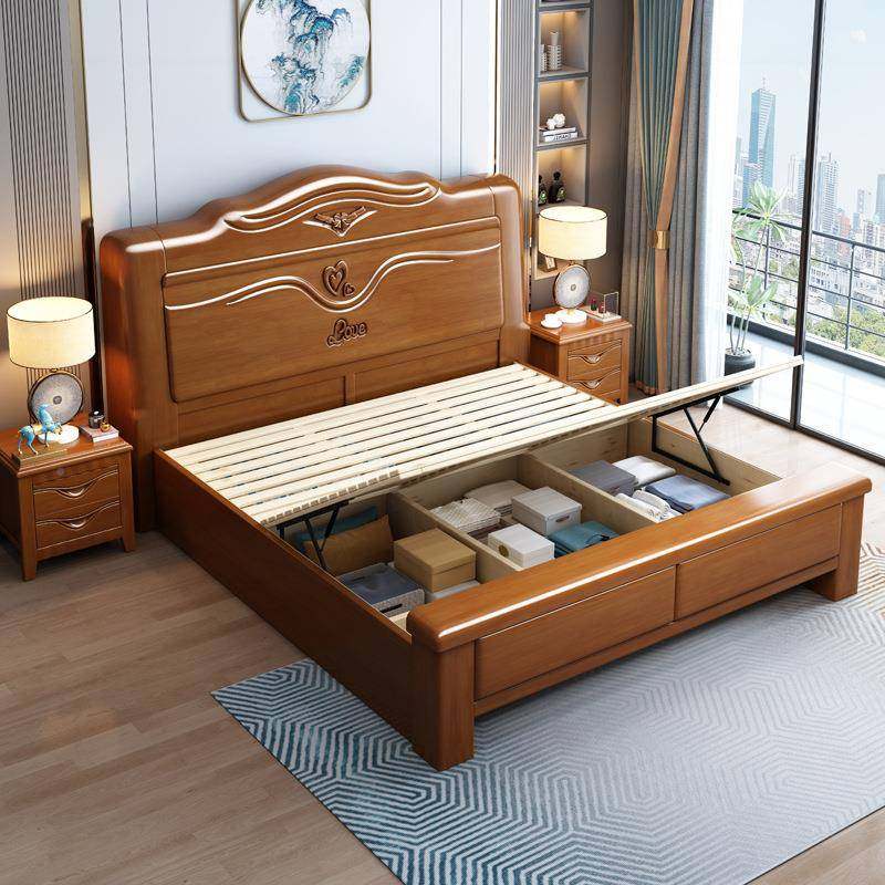 现代简卧雕约中式木花米主床橡木实储物床婚高箱#9527床橡胶木客