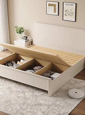 木床双人床婚风床家用.单人床白色主卧床榫卯实床LOK板奶油静音板