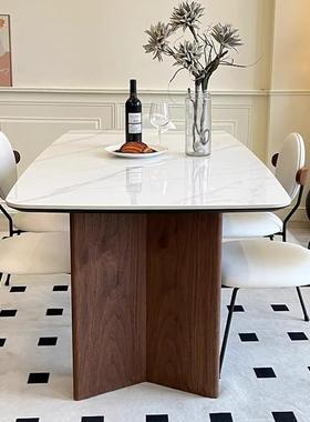 法MBW式奶油复黑胡桃实木色岩板餐桌形椅古组合长方小户型餐桌