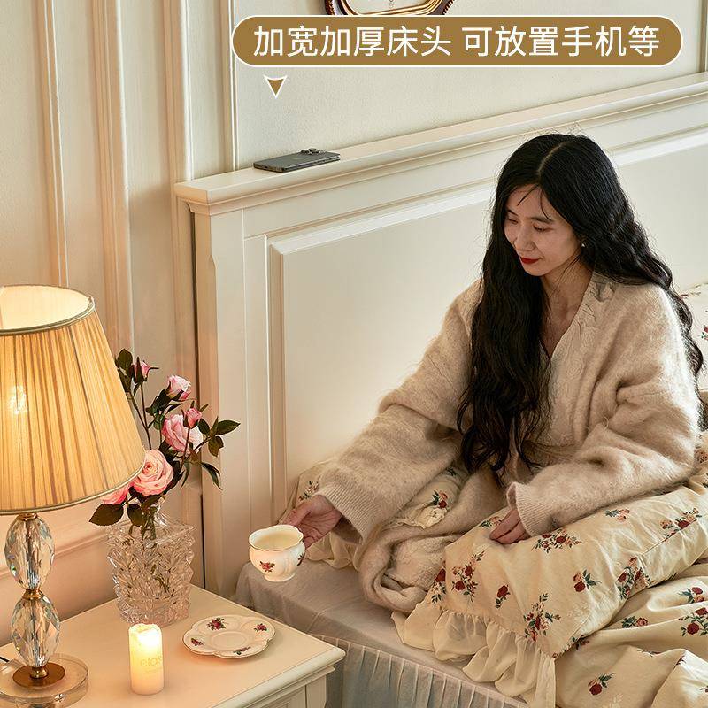 美式白色实木床桃木原木核卧1.主5m奶油风1米KPH全8双人婚床卧室图片