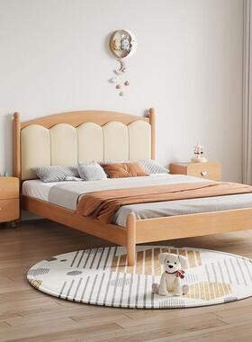 榉木全实木实木床儿童床1VWH米.5木蜡油1.男孩女孩2公主人纯实单