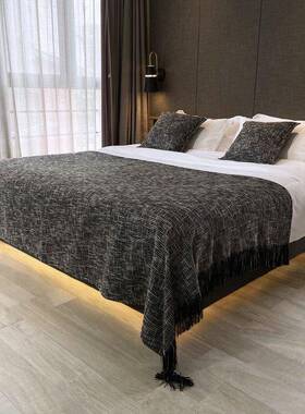 色系列搭巾网红深宿装饰毯民黑色床搭尾巾酒70086店床旗床尾毯设