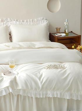 纯2棉白色床罩床裙式件防滑荷叶边全棉床单18237xx2.2m床套单保护