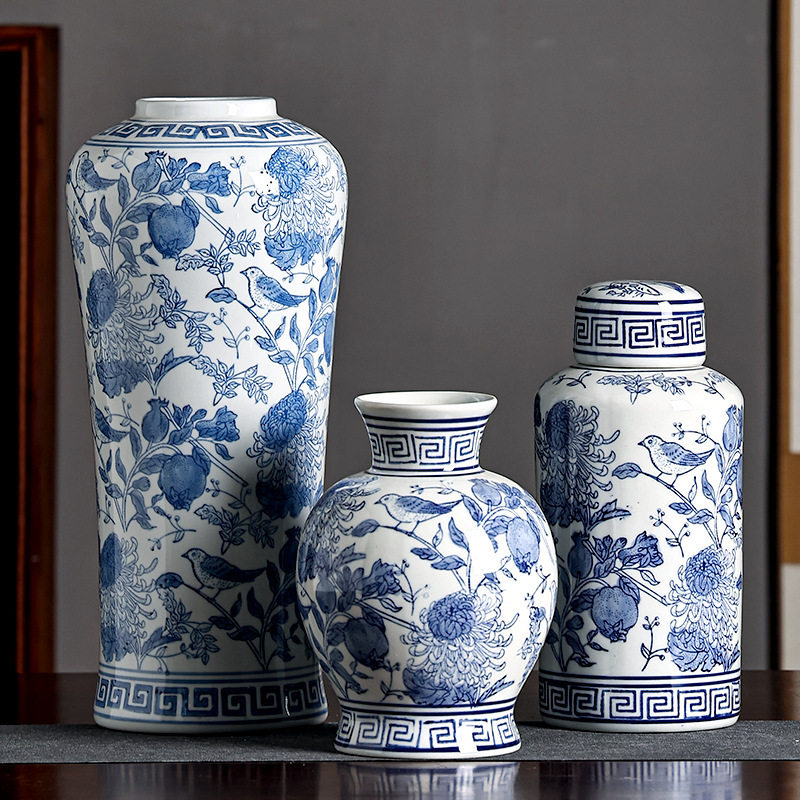 唯美青花瓷花瓶 新中式手绘陶瓷花器客厅玄关插花装饰品摆件