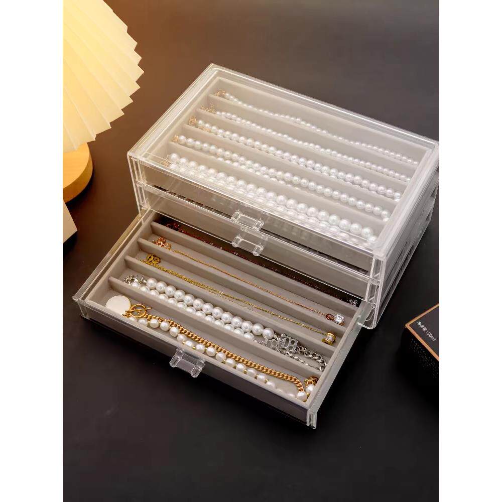 项炼收纳盒天鹅绒项炼收纳式桌面收纳盒防尘长手镯珍珠首饰首饰盒