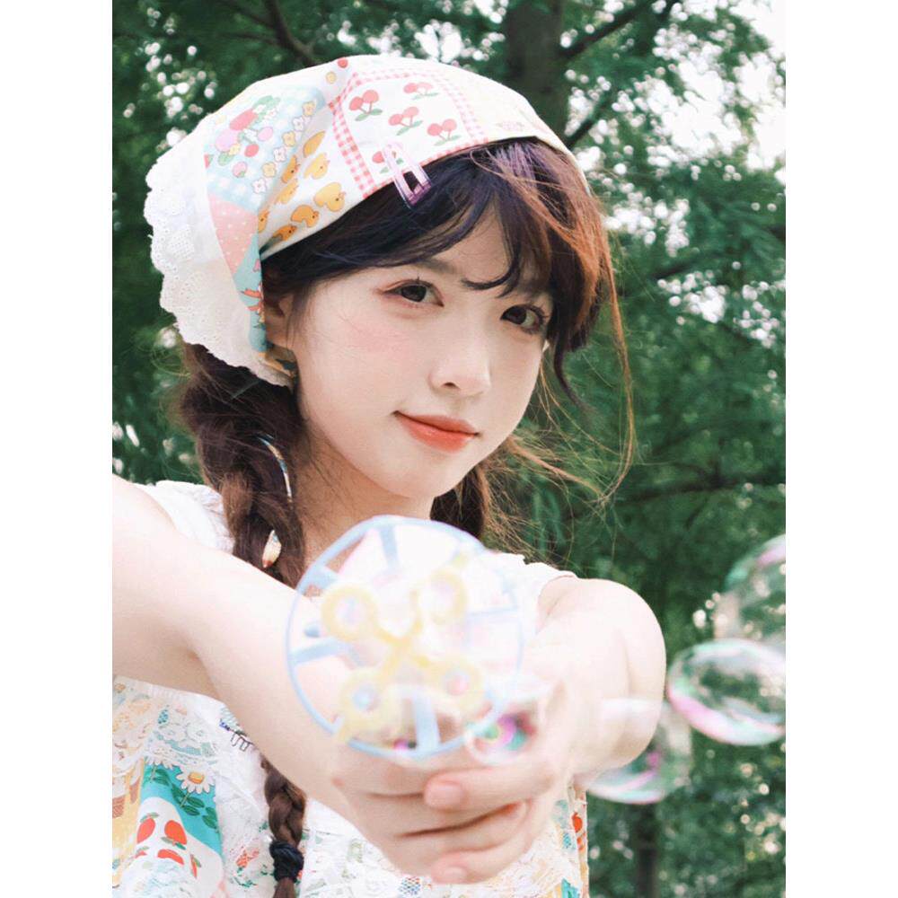 法式三角巾白色蕾丝头巾一体包头方巾帽甜美田园风明星同款发饰女