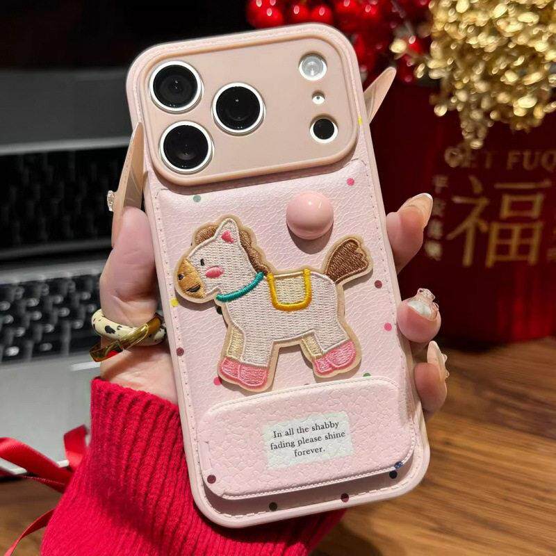 适用苹果17手机壳粉色刺绣小马波点皮纹镜面支架iPhone16壳Y22