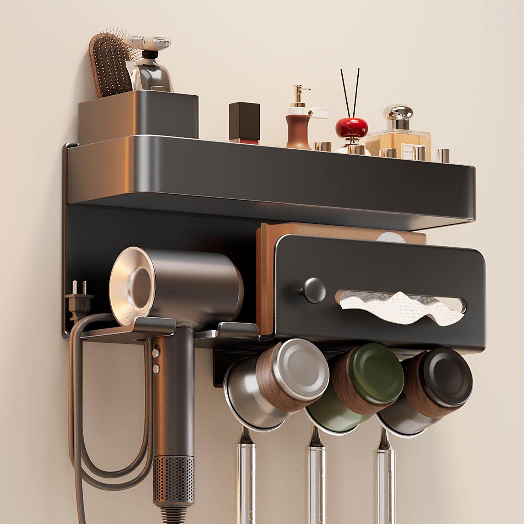 德国牙刷置物架壁挂式免打孔化妆室多功能吹风机不锈钢漱口杯挂架